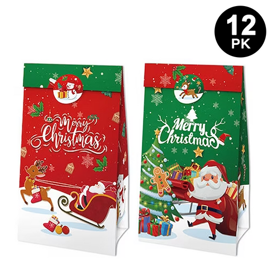 Merry Christmas Paper Gift Bags with Stickers 12PK | Xmas Party Gift Bags