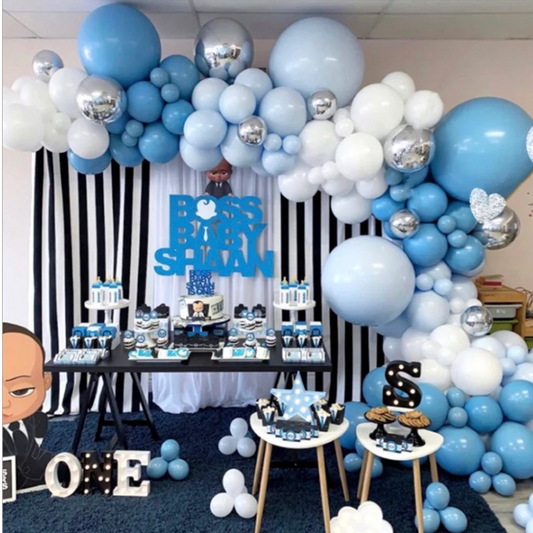 Blue White Metallic Silver Balloon Garland Kit | Suitable for Boss Baby Theme Birthday Party Decorations