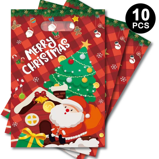 Merry Christmas Santa Plastic Gift Bags 10 PK | Xmas Theme Loot Bags