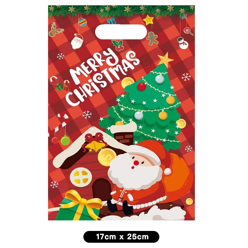 Merry Christmas Santa Plastic Gift Bags 10 PK | Xmas Theme Loot Bags