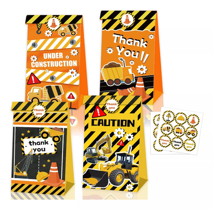 Construction Theme Party Paper Gift Bags 12pk with Mini Stickers