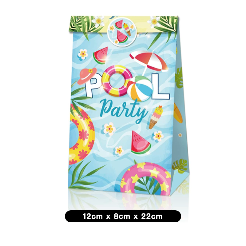 12 Pack Summer Time Pool Party Paper Lolly Gift Bags with Mini Stickers