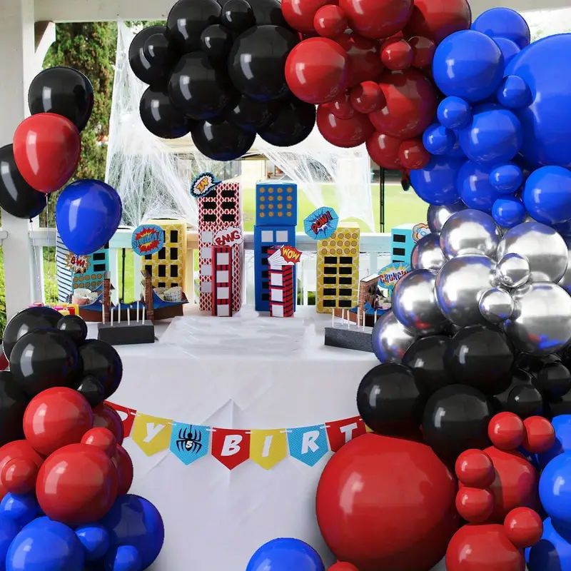 Red Blue Black Metallic Silver Balloon Garland Arch Kit | Suitable for Spider-Man Themed Party Decorations