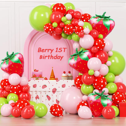Strawberry Theme Red Pink Fruit Green Balloon Garland Kit