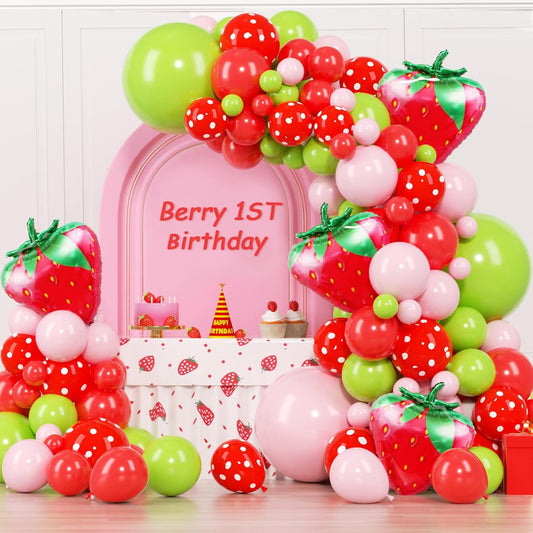 Strawberry Theme Red Pink Fruit Green Balloon Garland Kit