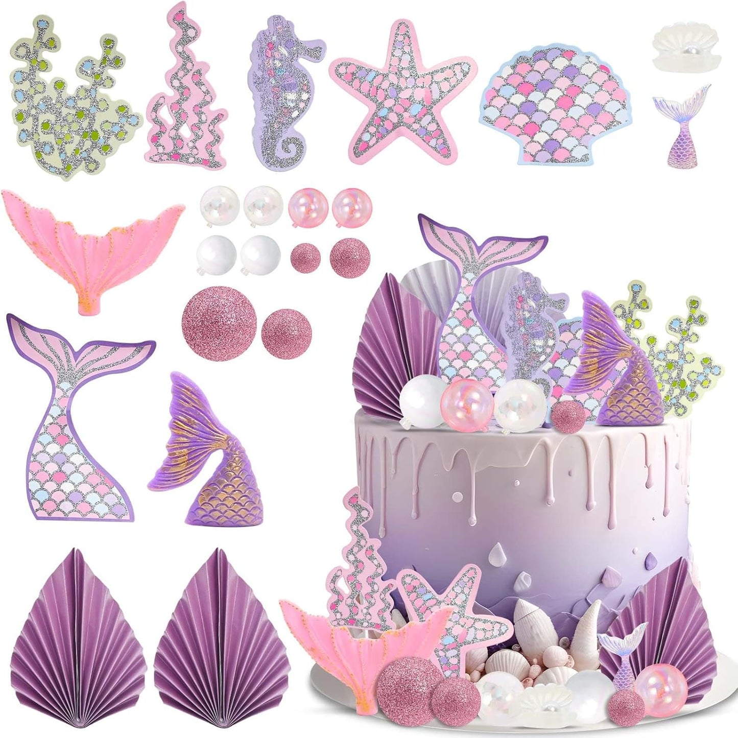 Mermaid Tail Under the Sea Birthday Cake Topper Decorating Set