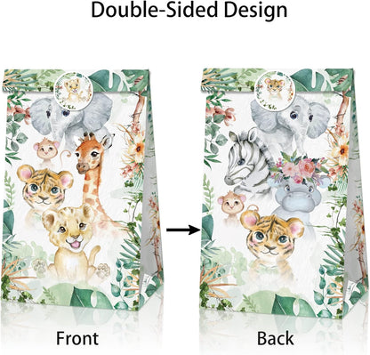 Wild One Jungle Safari Animals Paper Gift Bags 12PK with Mini Stickers