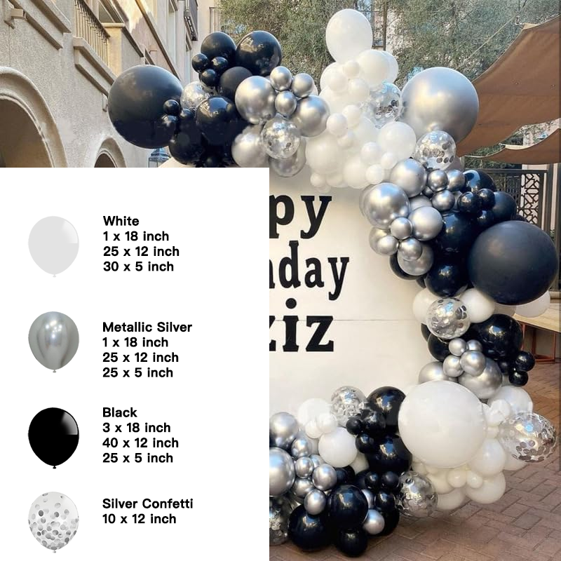Classic Black White Metallic Silver Balloon Garland Kit | Wedding Baby Shower Graduation Anniversary Birthday Party Decorations