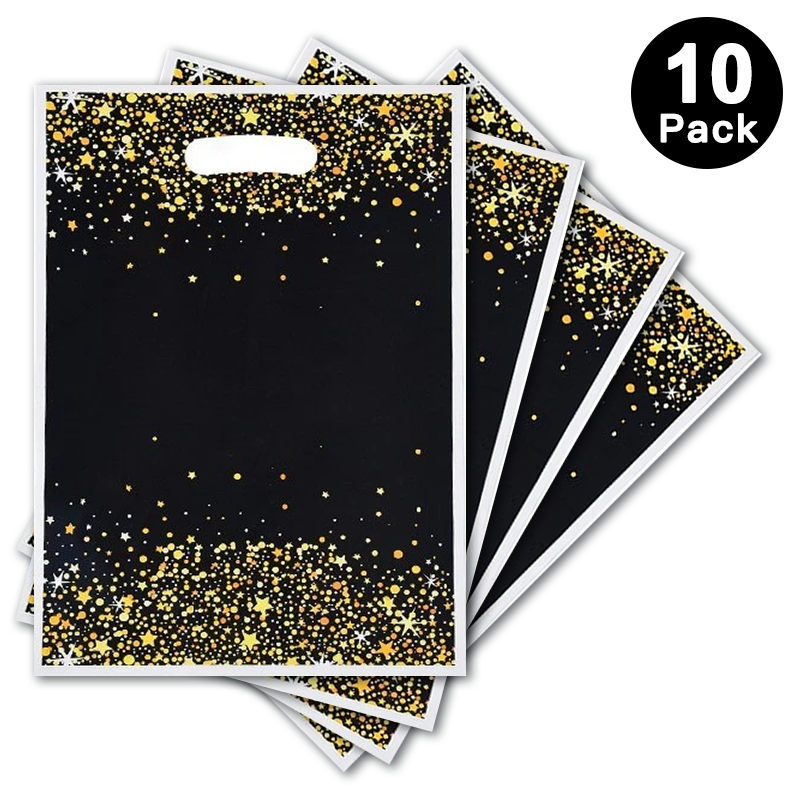 Black Gold Party Gift Loot Bags Plastic 10 Pack