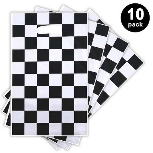 Racing Car Black and White Checkered Print Gift Loot Bags Plastic (Pack of 10)