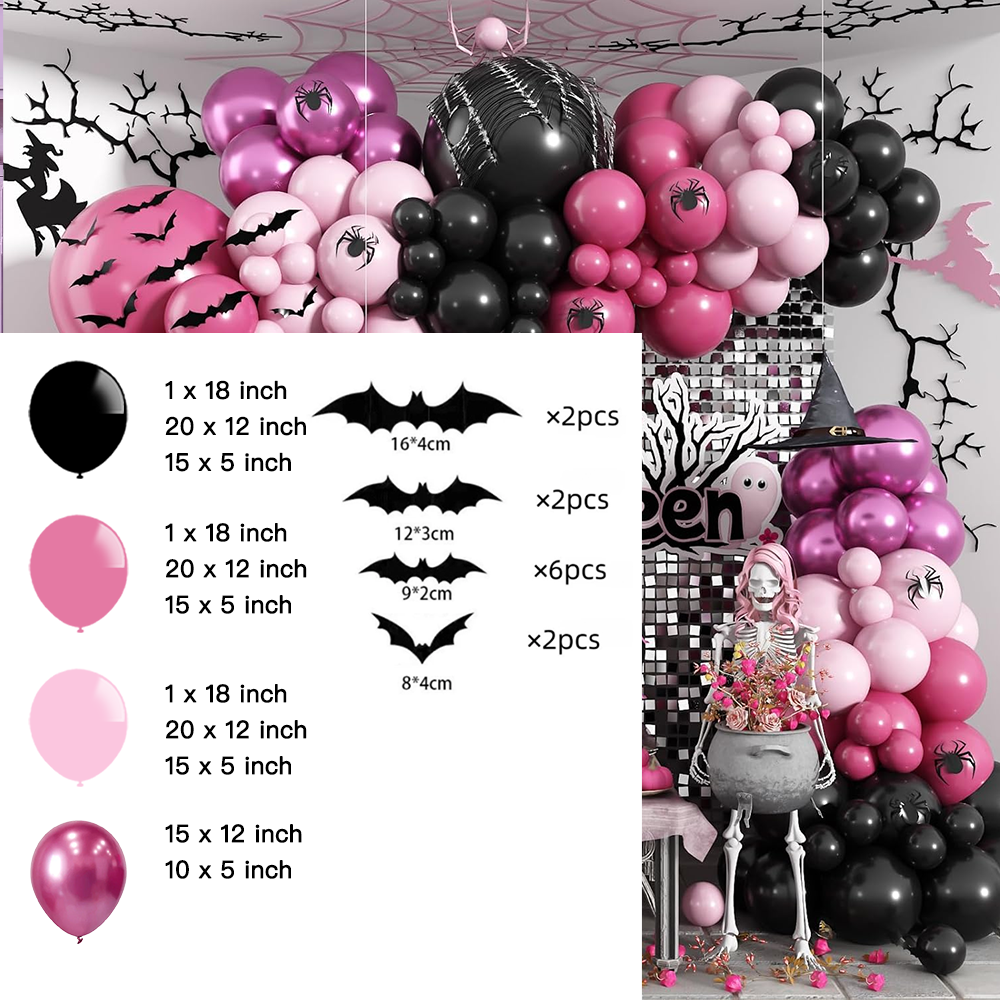 Halloween Theme DIY Balloon Garland Kit Pink Rose Black Balloons with Bats
