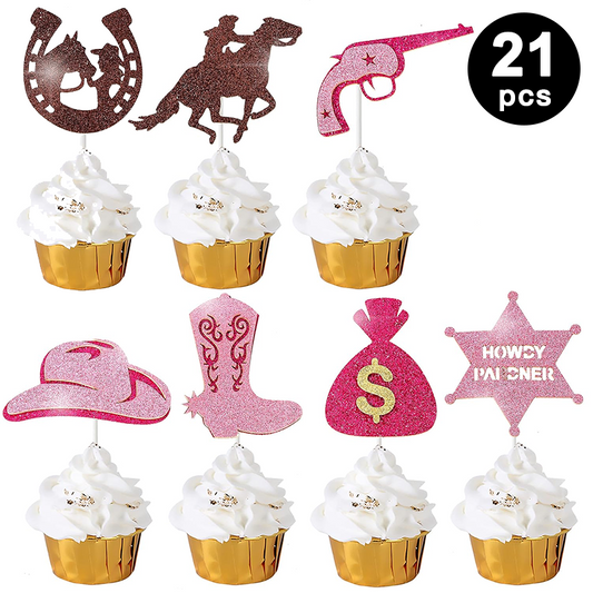 Western CowGirl Theme Glitter Birthday Cupcake Toppers (Pack of 21)