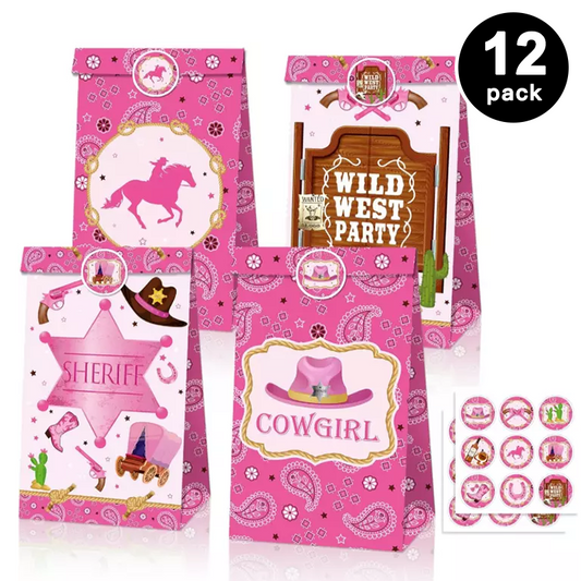Wild West Cowgirl Paper Gift Bags with Mini Stickers (Pack of 12)