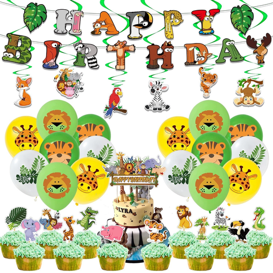 Jungle Animals Theme Birthday Decoration Set - Banner Balloons Cake Toppers Swirls
