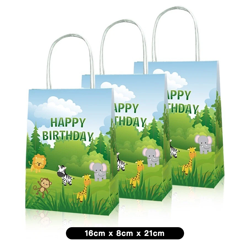 Jungle Animals Theme Birthday Paper Gift Bags with Handles 12PK