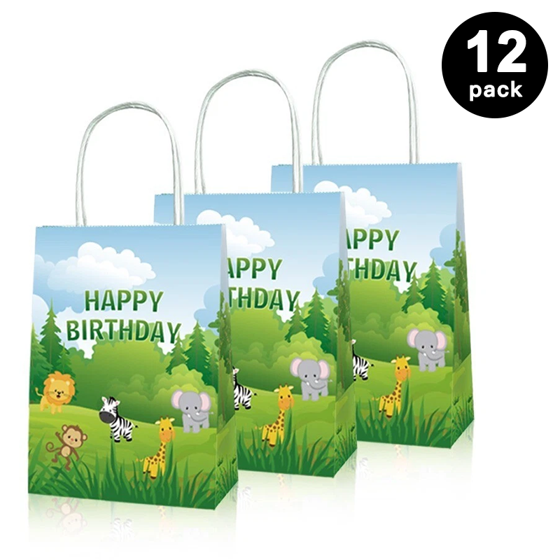 Jungle Animals Theme Birthday Paper Gift Bags with Handles 12PK