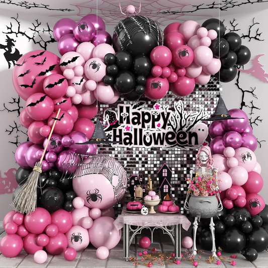 Halloween Theme DIY Balloon Garland Kit Pink Rose Black Balloons with Bats