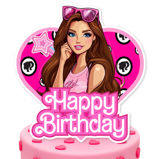 Pink Brunette Fashion Girl Birthday Cake Topper