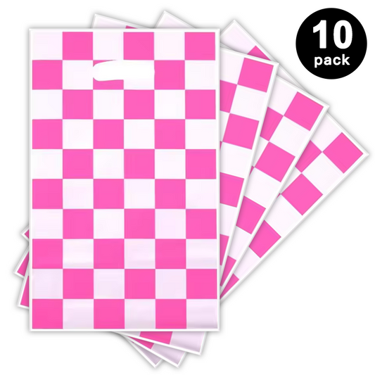 Racing Car Pink and White Checkered Print Gift Loot Bags Plastic (Pack of 10)
