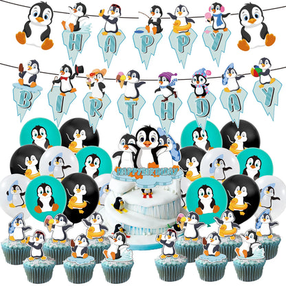 58pcs Little Penguin Theme Party Decorating Set | Birthday Banner Balloons Cake Cupcake Toppers