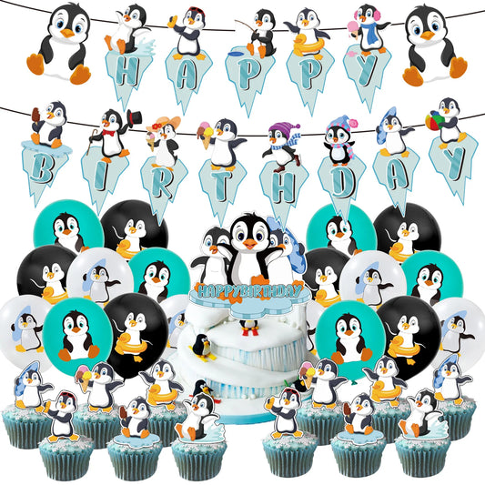 58pcs Little Penguin Theme Party Decorating Set | Birthday Banner Balloons Cake Cupcake Toppers