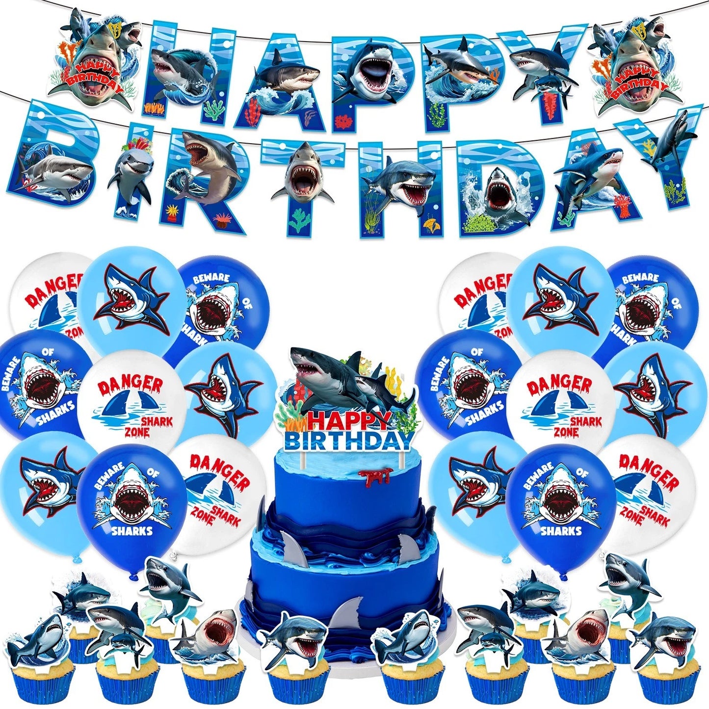 Sharks Theme Party Decoration Set | Birthday Banner Balloons Cake Toppers