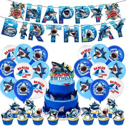 Sharks Theme Party Decoration Set | Birthday Banner Balloons Cake Toppers