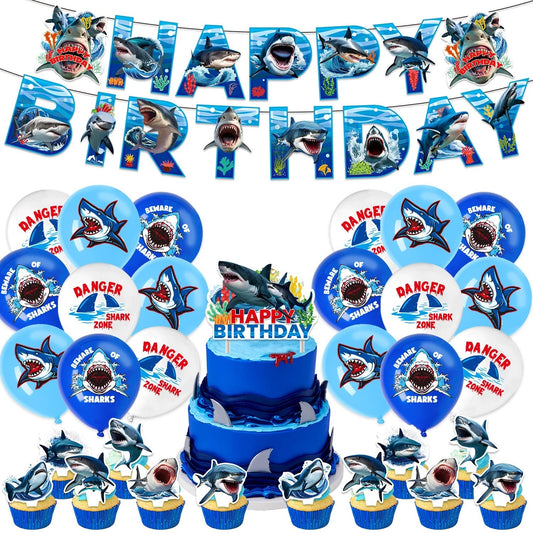Sharks Theme Party Decoration Set | Birthday Banner Balloons Cake Toppers