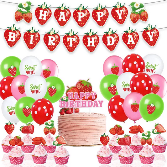 Strawberry Theme Party Decorating Set | Birthday Banner Balloons Cake Toppers