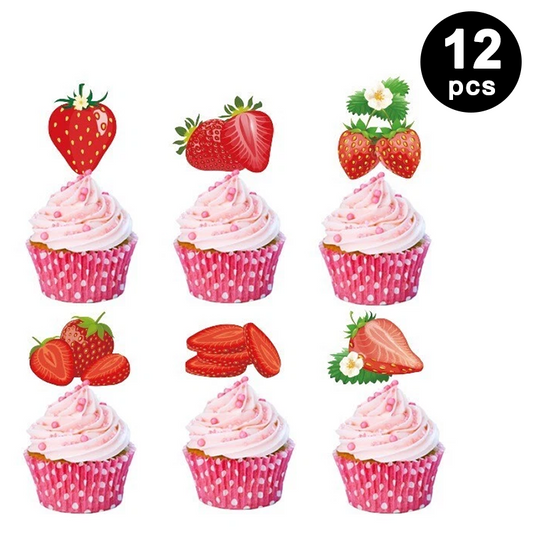 Strawberry Theme Cupcake Toppers 12 Pack