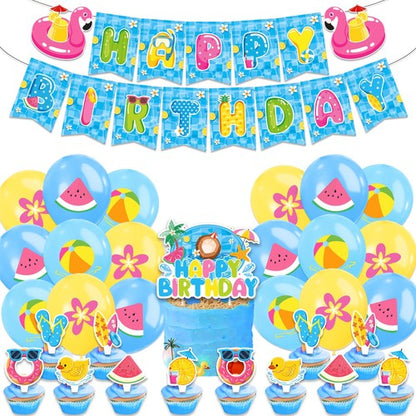 Swimming Summer Theme Birthday Party Decoration Set - Banner Balloons Cake Toppers