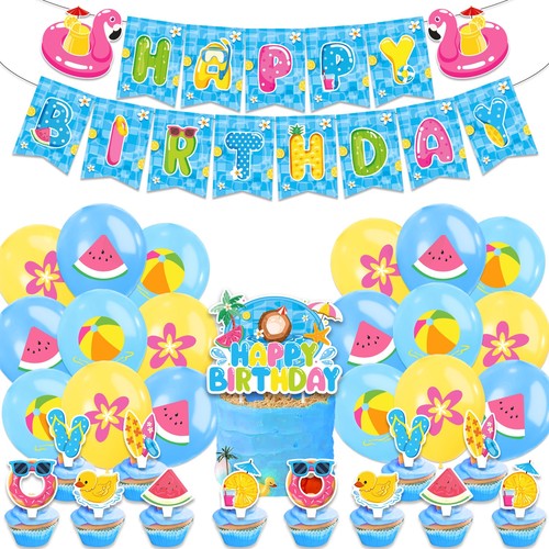 Swimming Summer Theme Birthday Party Decoration Set - Banner Balloons Cake Toppers