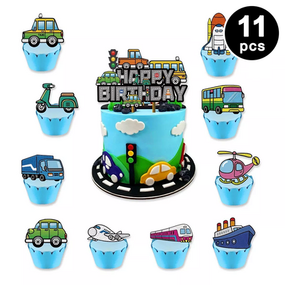 Transportation Vehicles Birthday Cake Topper Kit 11 Pack