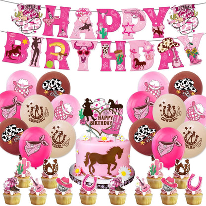 Western CowGirl Party Decoration Set | Birthday Banner Balloons Cake Toppers