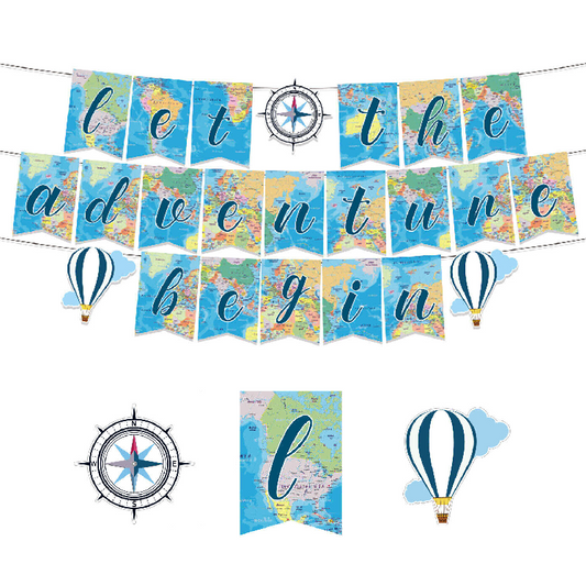 Around the World | The Adventure Begins Party Decorating Set | Banners Cake Toppers Latex Balloons
