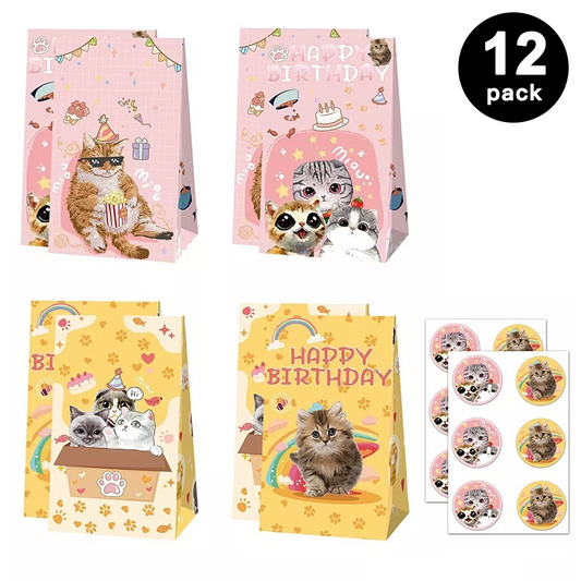 Cute Cats and Kittens Paper Gift Bags with Mini Stickers (Pack of 12)
