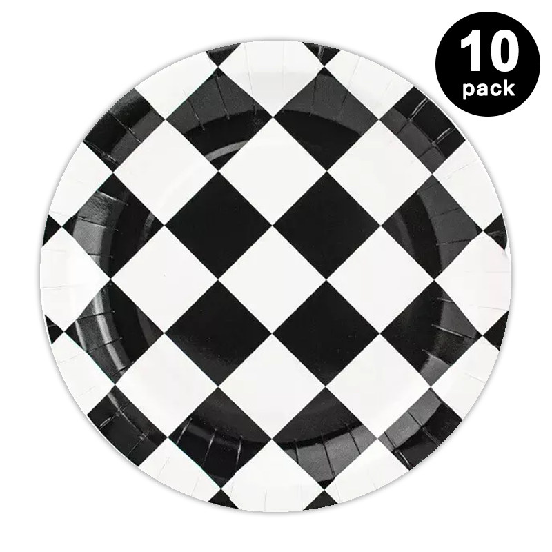 Checkered Print 9 inch 23cm Paper Plates Round 10 Pack