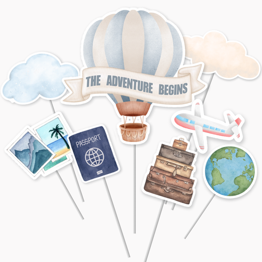 The Adventure Begins Cake Topper Set 9 Pack | Baby Shower New Born Milestone Honeymoon Retirement Travel