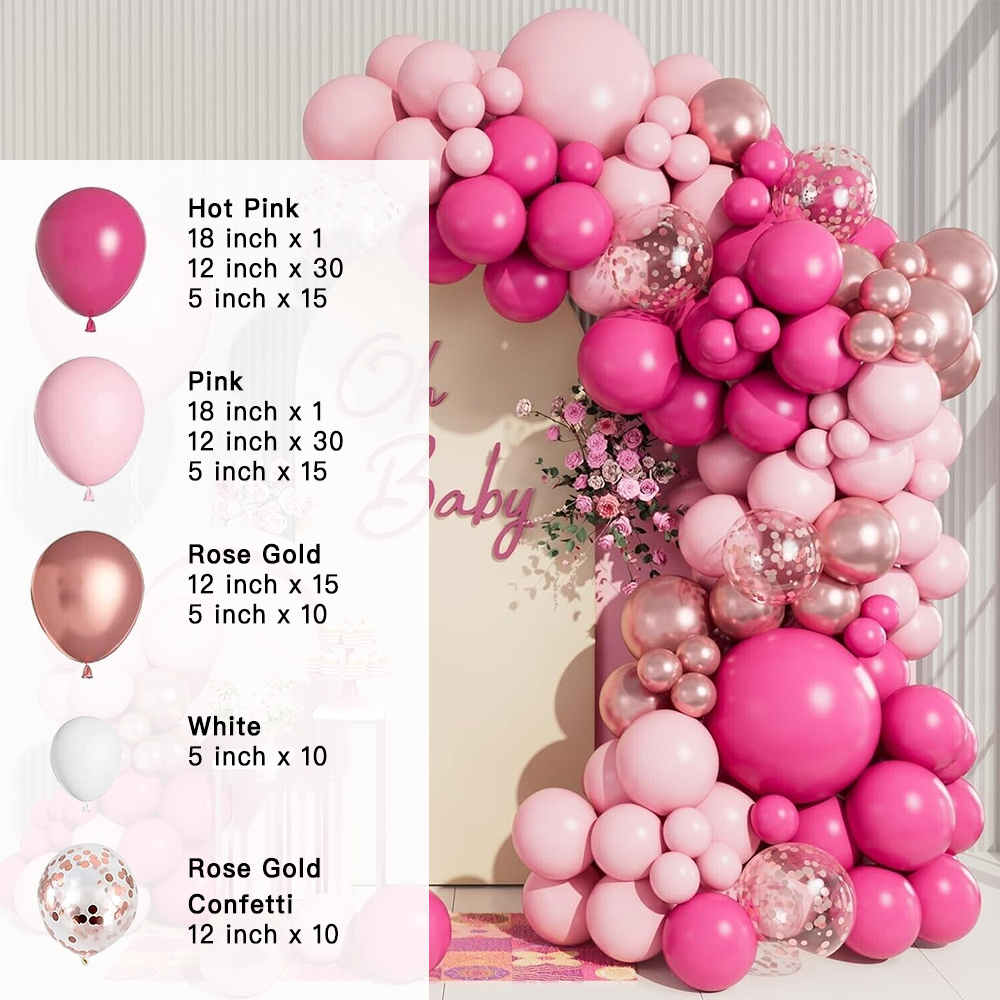 Hot Pink Metallic Rose Gold Confetti Balloon Garland Arch Kit