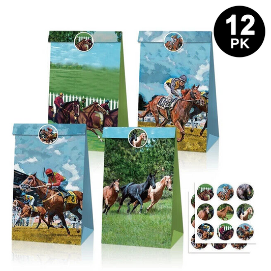 12 Pack Melbourne Cup Horse Racing Paper Lolly Gift Bags with Mini Stickers
