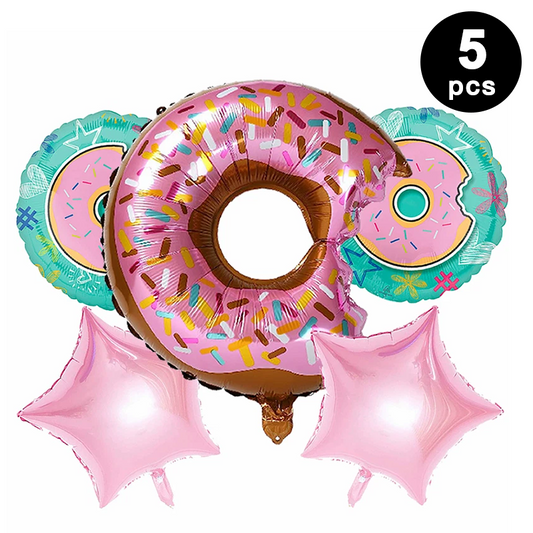 5pcs Pink Glazed Donut Shaped Foil Balloon Bundle