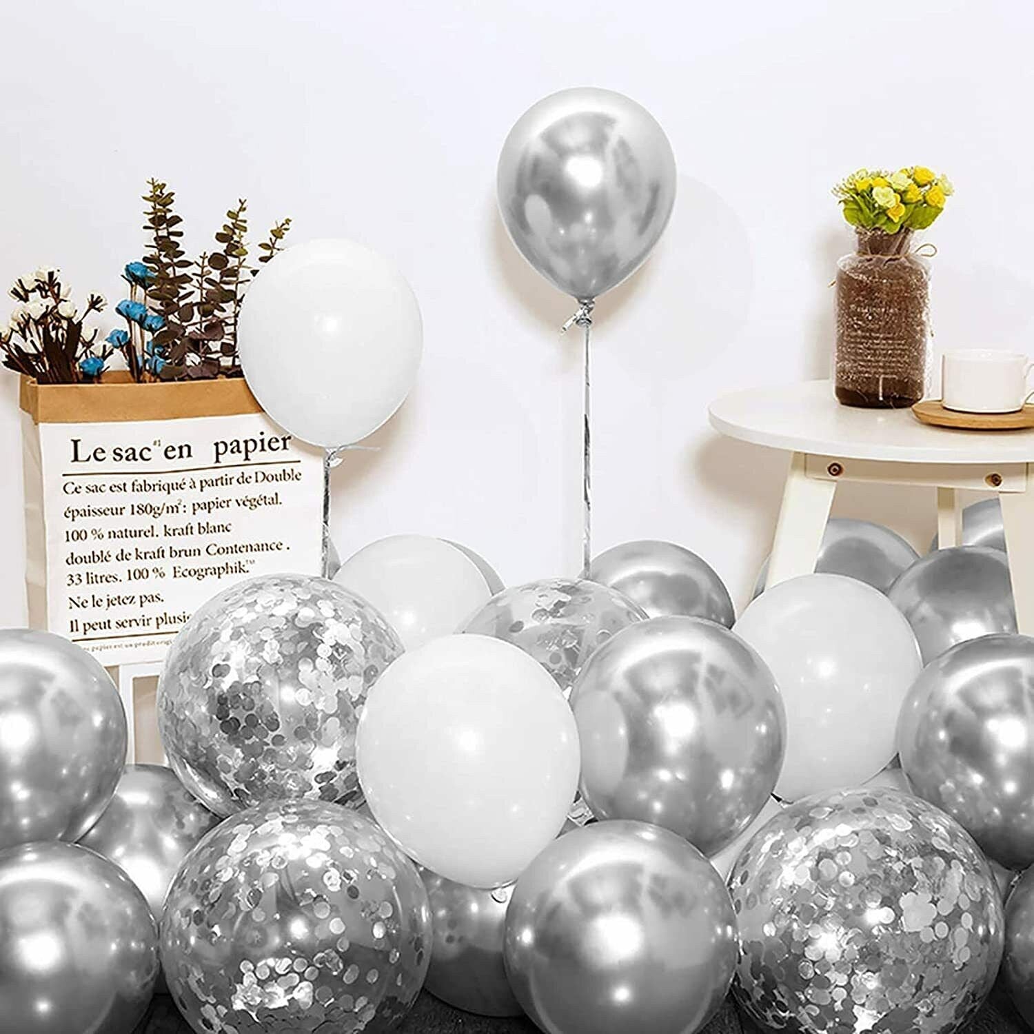 100pcs White Silver Balloon Garland Arch Kit | White Silver Metallic Confetti Balloons for Baby Shower Wedding Birthday Party Decorations