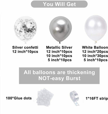 100pcs White Silver Balloon Garland Arch Kit | White Silver Metallic Confetti Balloons for Baby Shower Wedding Birthday Party Decorations