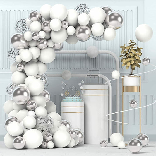 100pcs White Silver Balloon Garland Arch Kit | White Silver Metallic Confetti Balloons for Baby Shower Wedding Birthday Party Decorations