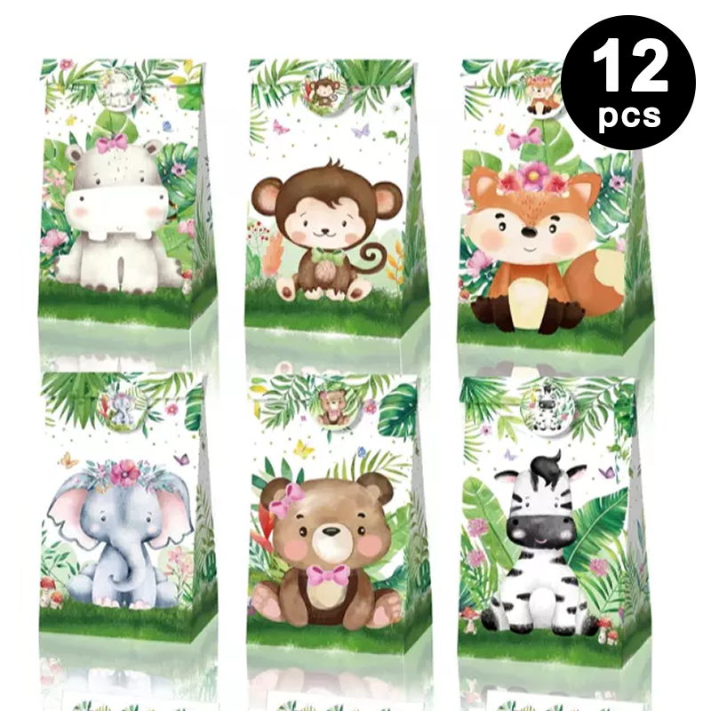 Jungle Animals Paper Gift Bags with Mini Stickers 12PK