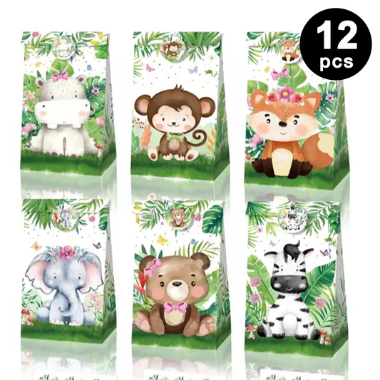 Jungle Animals Paper Gift Bags with Mini Stickers 12PK
