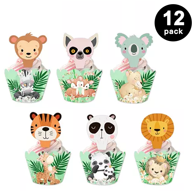 Jungle Animals Cupcake Toppers with Wrappers 12 Pack