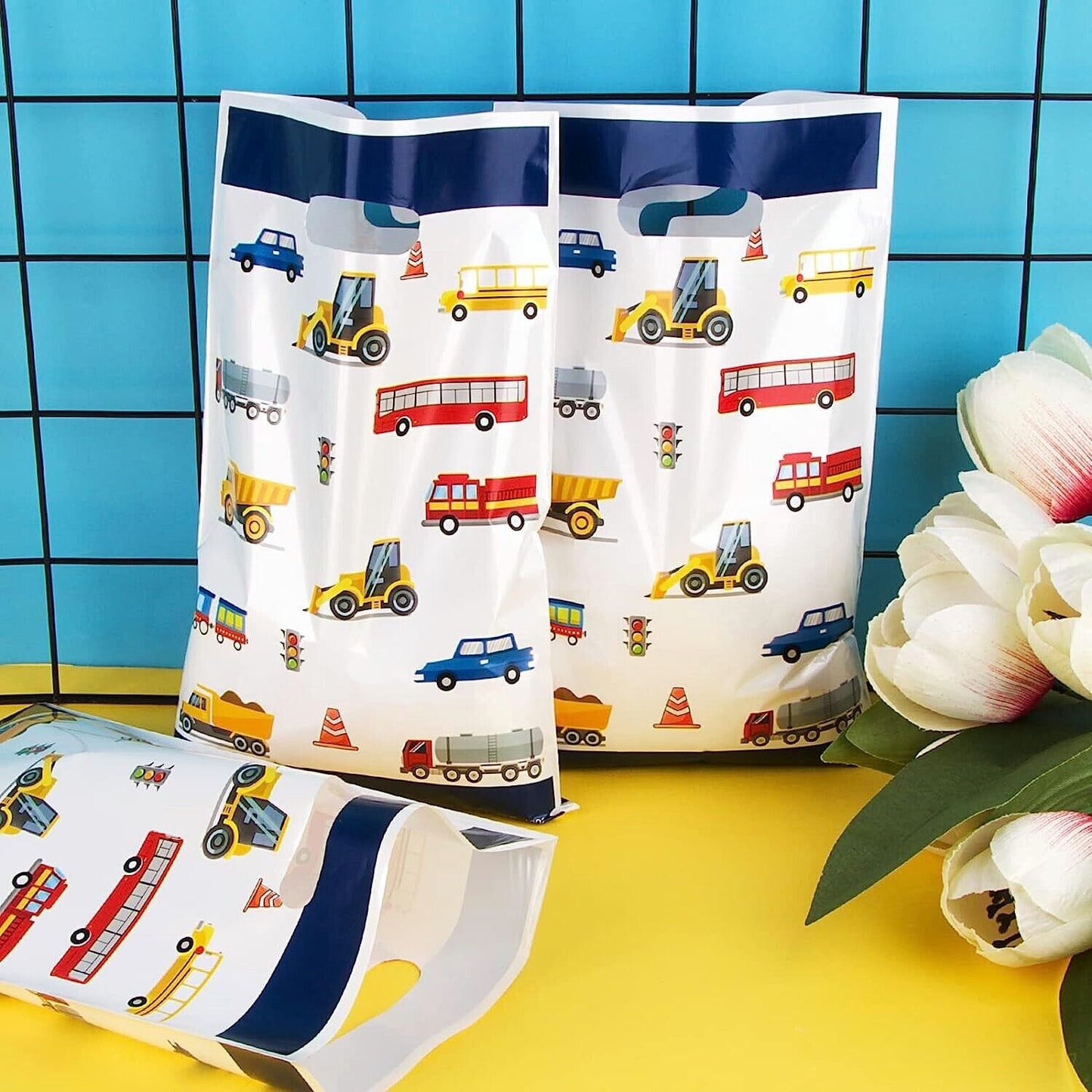 Construction Vehicles Theme Gift Loot Bags Plastic 10pk