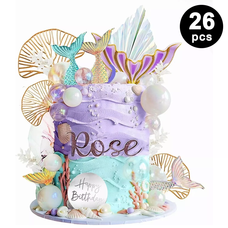 26pcs Mermaid Theme Birthday Cake Topper Decorating Set