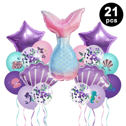 21pcs Mermaid Tail Shell Shaped Foil Latex Printed Balloons